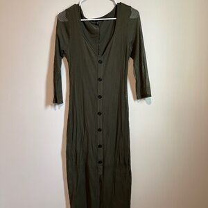 Express Green Ribbed Sheath Dress V-Neck 3/4 Sleeve